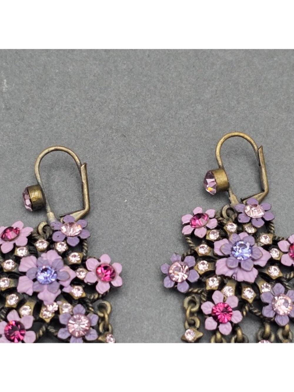 Vintage Michal Negrin Brass Dangle Earrings 4.75" Pastel Floral Crystal Drop - Picture 2 of 11